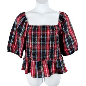 Women's DRAPER JAMES RSVP Elbow Sleeve Square Neck Smocked Peplum Plaid Top